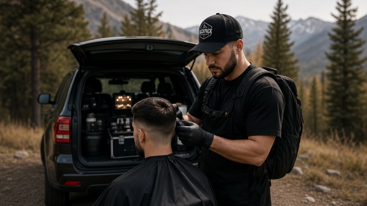 A Backpack Barbers barber cutting a client's hair beside an open SUV tailgate stocked with tools, mountains behind them